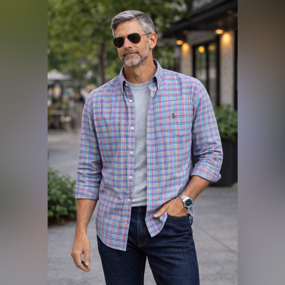 Ralph Lauren XXL Men's Blue and Pink Plaid Shirt